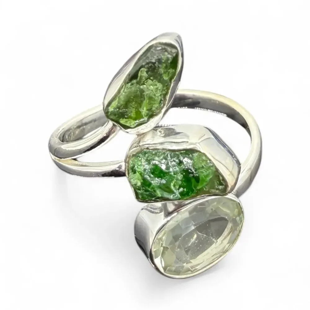 Natural Raw Chrome Diopside Prasiolite Ring 925 Sterling Silver Size 9 - Picture 1 of 9